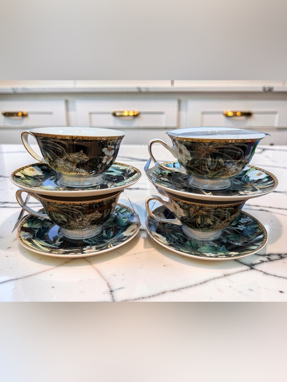 Grace Teaware NWT Elegant Black & Green Zebra Leopard Teacup & Saucer 4 Pc Set